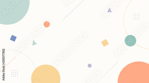 Minimal abstract background with floating pastel circles, squares, triangles, thin diagonal lines, dotted accents and soft geometric balance for clean modern vector design templates