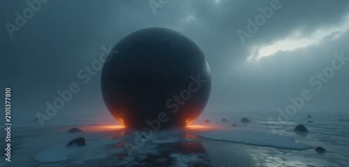 Large dark sphere sits on icy frozen ground under cloudy sky. Glowing light radiates from base of mysterious orb in desolate landscape. Surreal atmosphere creates sense of deep silence, solitude.