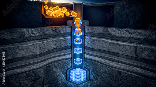Amber spent fuel encapsulated blue glass vitrified blocks stacked dark grey geology deep, vitrification