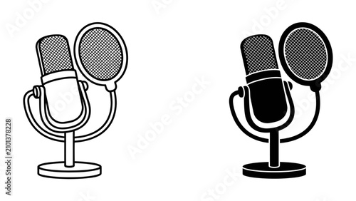 Retro Microphone Icon: A classic studio microphone with a pop filter is presented in two styles, one outlined and one in silhouette, ideal for audio-related projects.