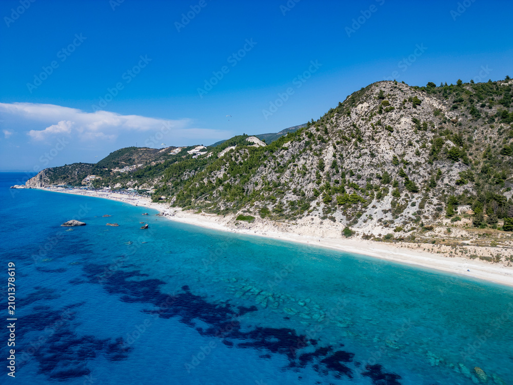 Fototapeta premium Kathisma beach lefkada turquoise waters coastline aerial view