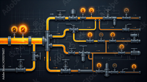 Steel pipe system amber fluid pressure valves distribution circuit dark, hydraulic engineering concept