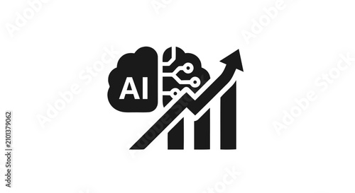 Artificial intelligence growth icon showing digital brain and rising financial bar graph for editorial tech analysis