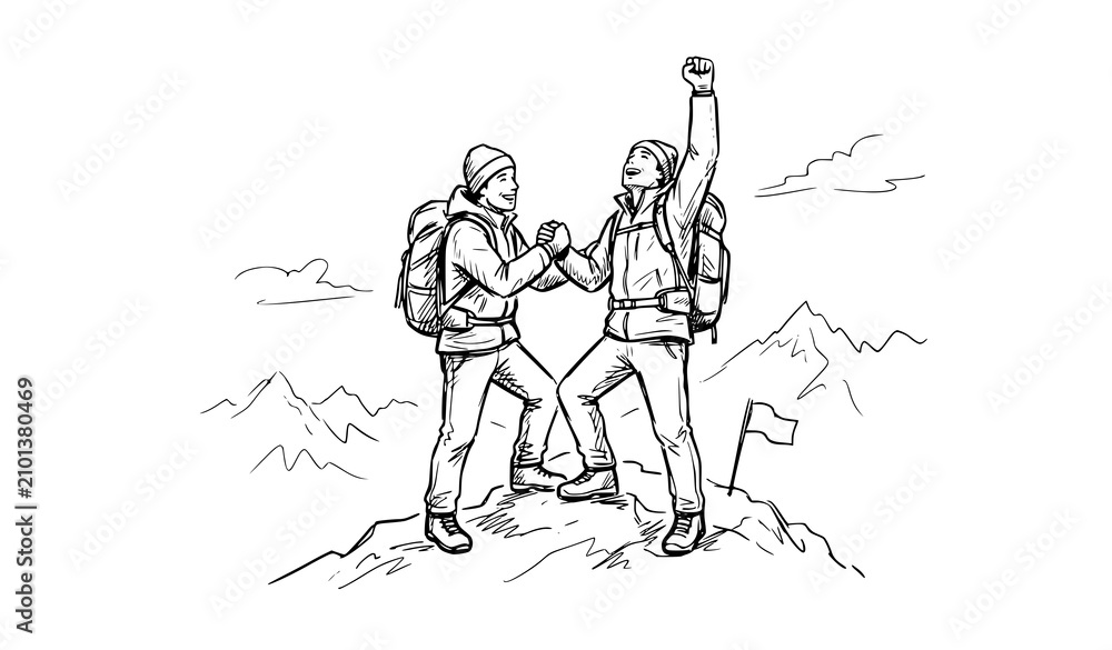 Fototapeta premium climbing, climber, mountain, teamwork, partnership, success, achievement, adventure, hiking, summit, support, leadership, cooperation, trust, motivation, outdoor, sketch, handdrawn, vector, illustrati