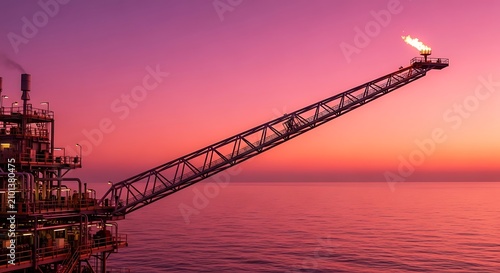 Offshore oil rig flare boom burning during a vibrant sunset