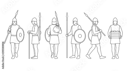 Set of medieval soldiers with spears and round shields in simple line art style, history research, ancient infantry, warfare symbols
