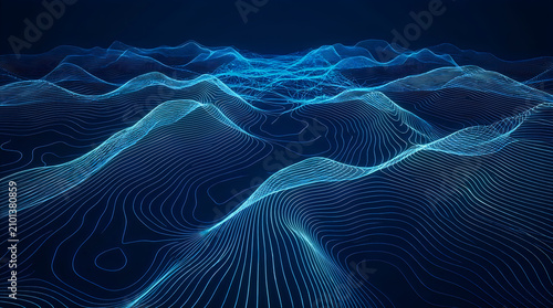 Abstract glowing blue topographic landscape with wave data lines