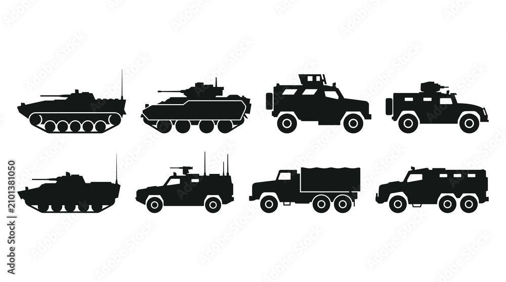 Fototapeta premium Set of black silhouette military vehicles, armored tanks and transport trucks for war games, tactical defense, historical strategy, army equipment