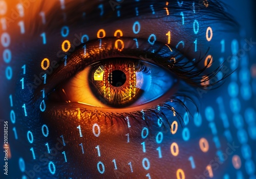 Close up of human eye with binary code overlay representing technology and data