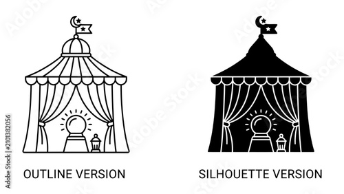 Obraz na płótnie Circus Tent and Crystal Ball Icon: A stylized representation of a circus tent with draped curtains, featuring a crystal ball and lanterns, presented in both outline and silhouette versions