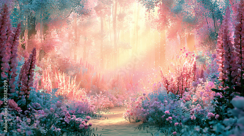 Enchanted Forest Path Bathed in Magical Sunlight Through Pink and Blue Blooms