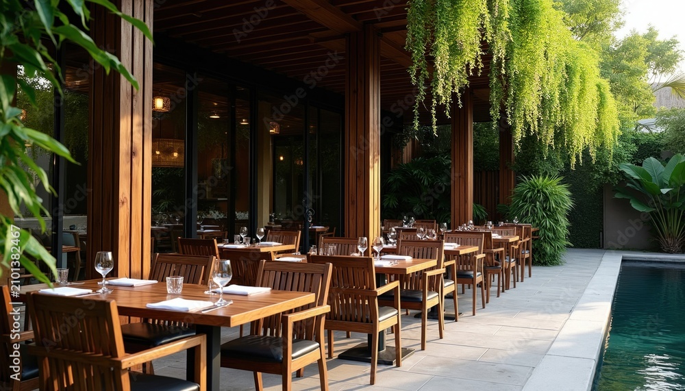 Fototapeta premium Modern restaurant terrace outdoor dining area with wooden tables, chairs near swimming pool. Luxury hotel patio setup features green plants hanging architecture brown design aesthetic furniture.