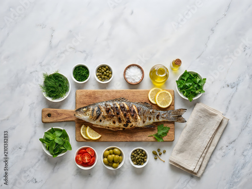 Grilled fish, seafood ingredients, lemon, herbs, cooking preparation