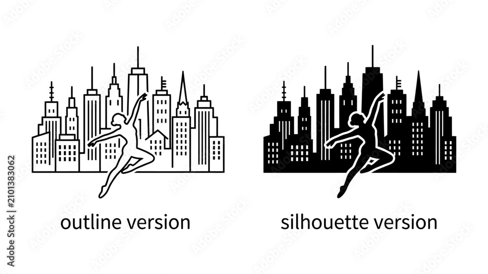 Fototapeta premium New York City Skyline with Dancer: Two stylized representations of the New York City skyline, one as an outline and the other as a silhouette.