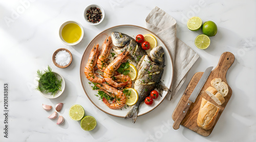 Fresh seafood plate, grilled shrimp and fish, with lime, herbs, and bread on marble table