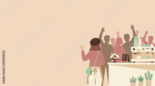 Woman at counter with coffee shop crowd silhouettes, warm pastel aesthetic, social gathering, leisure lifestyle, inviting atmosphere, empty space