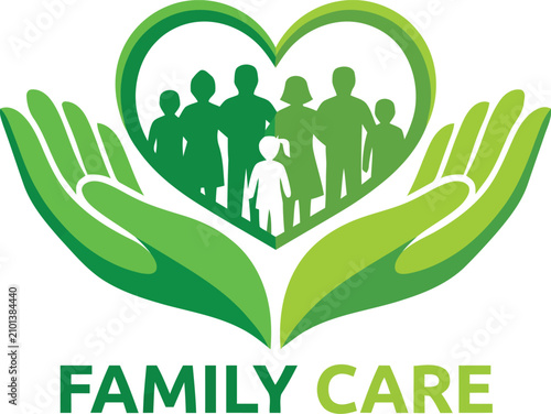 Bild auf Leinwand Family care logo with green supportive hands holding family silhouettes inside h