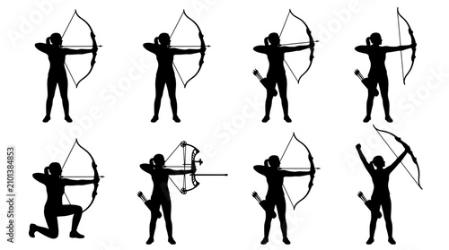 Set of eight silhouette icons representing archers in various dynamic poses, drawing and aiming bows, each with a dotted outline for a distinct