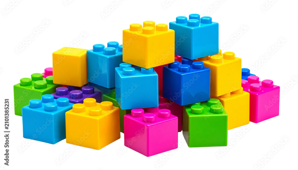 Fototapeta premium A vibrant collection of colourful plastic building blocks stacked and scattered creatively, glossy finish, rounded child-safe edges, isolated on transparent background