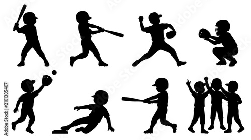 Set of baseball silhouettes featuring children athletes playing, batting, pitching, catching and sliding, dynamic sports action poses for team games