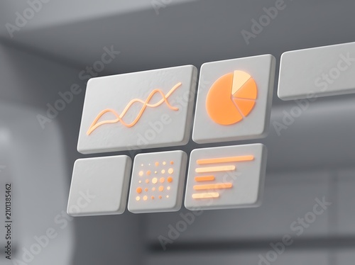 Floating white dashboard panels showing glowing orange business data charts