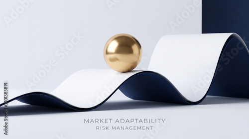 Abstract 3D business composition of a golden sphere balancing on a blue and white paper wave. Minimalist editorial background representing market adaptability and risk management.