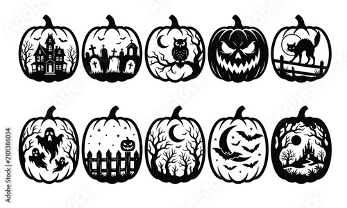 Vintage Halloween pumpkin carving stencil set, spooky haunted house black and white vector pumpkins, retro jack-o-lantern cut out window patterns, spooky night owl ghost cat