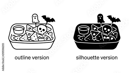 Foto Halloween Nachos with Spooky Toppings: A festive platter of nachos served with dips, adorned with fun Halloween-themed toppers like a skull, a ghost, and a bat