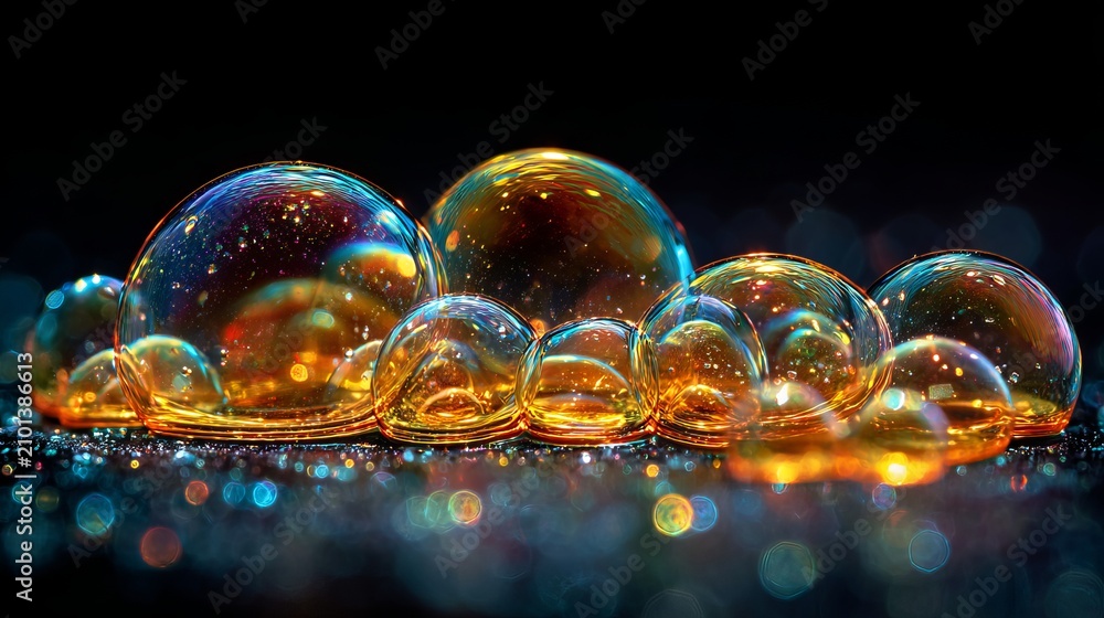 Obraz premium Iridescent soap bubbles reflecting vibrant colors in a close-up macro shot, showcasing delicate beauty and ephemeral moments of wonder