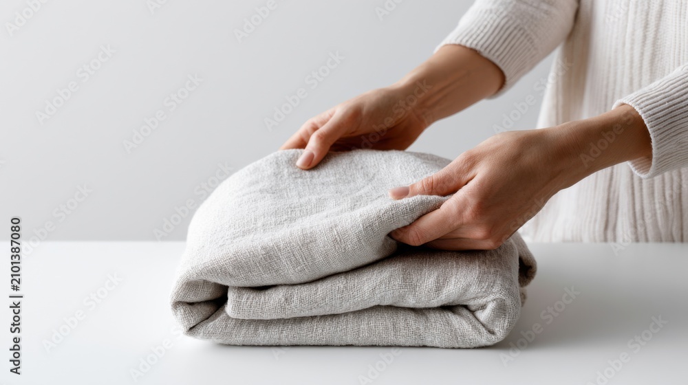 Fototapeta premium Hands folding a clean white linen blanket with care. The texture of the fabric is visible, suggesting a comfortable and cozy feel
