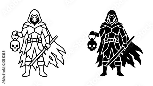 Canvas Print Mysterious Figure with Skull and Sword: An enigmatic character clad in a hooded cloak and armored suit holds a skull in one hand and a sword in the other, presented in both line art and silhouette