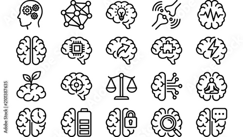 Hand-drawn brain icons for mental health and education concepts. Creative doodle set of human mind symbols for psychology and science design.