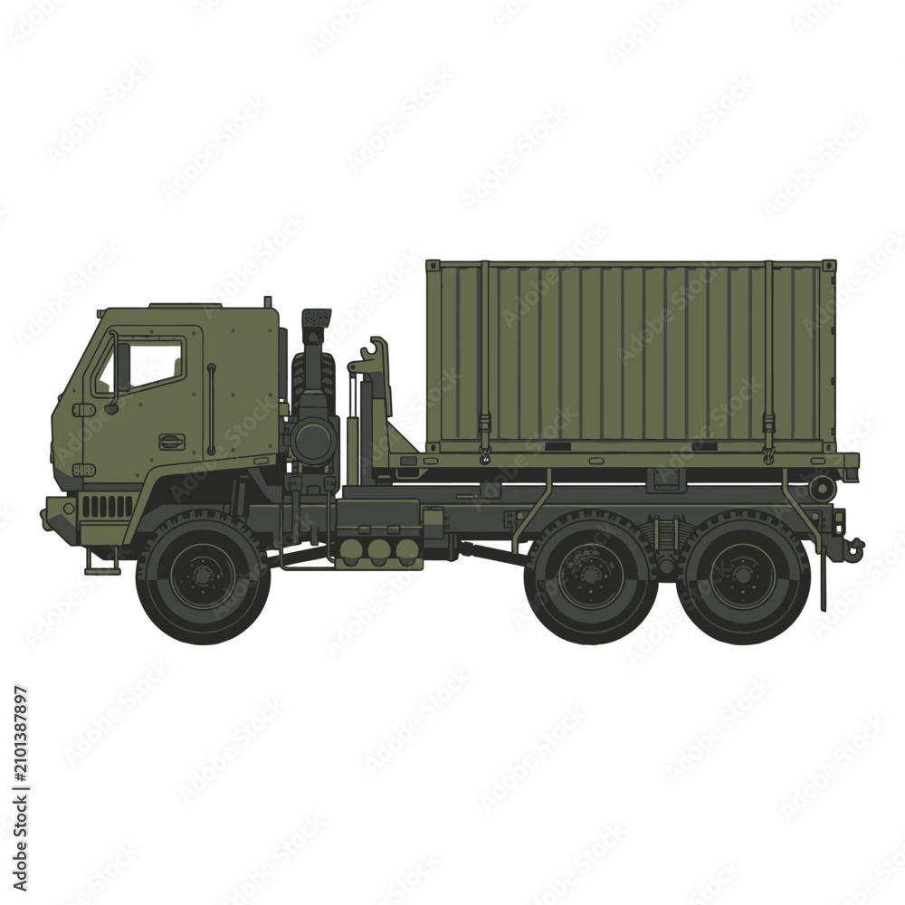 Obraz premium Detailed side view vector illustration of a heavy-duty military cargo truck in olive green camouflage transport