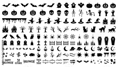 Halloween icon set with bats, pumpkins, and spooky elements. Vector line art collection of festive symbols for October 31st celebrations.