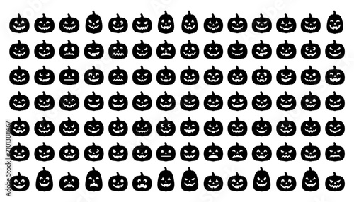 Halloween pumpkin faces set with spooky expressions. Vector jack-o-lantern icons for festive seasonal designs and decorations.