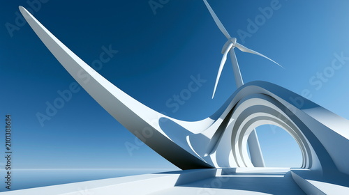With the blue sky in the background, curved futuristic architectural structures and wind turbines can be seen together. Eco-friendly, renewable energy, and green smart city concepts.