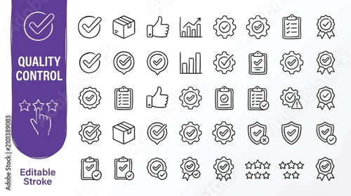 Foto Vector line icon set of quality control and assurance concepts, editable stroke