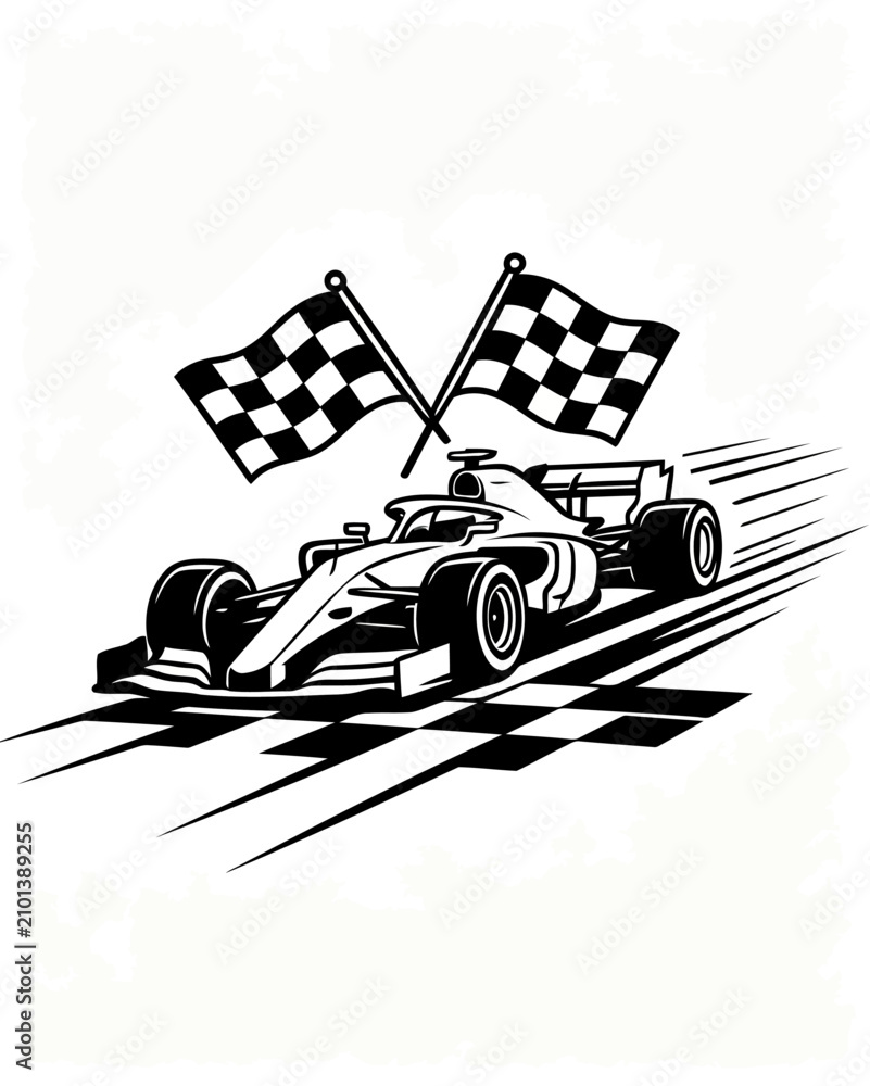 Obraz premium Dynamic black and white vector illustration of a Formula 1 racing car crossing the finish line with crossed checkered flags.