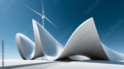 With the blue sky in the background, curved futuristic architectural structures and wind turbines can be seen together. Eco-friendly, renewable energy, and green smart city concepts.