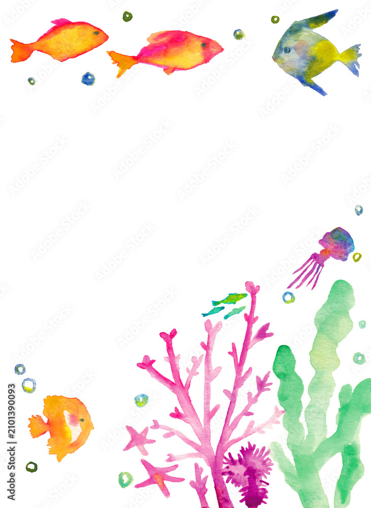 Fototapeta premium 水彩海洋生物イラストセット（熱帯魚・クラゲ・泡）フレーム/Watercolor Marine Life Set – Tropical Fish, Jellyfish and Bubbles