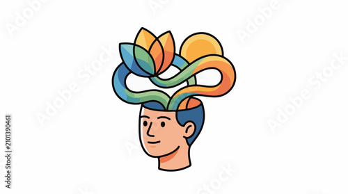 A cartoon illustration of a smiling man's head with colorful flower-like structures growing out of it