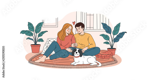 Happy couple sitting on a cozy rug in their living room, cuddling with their pet dog in a warm loving home environment.