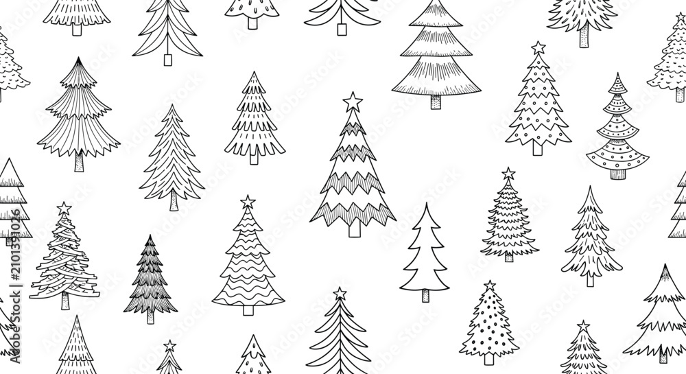 Obraz premium Winter forest seamless pattern featuring detailed hand-drawn black ink pine trees and Christmas trees on a white background.