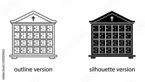 Foto Columbarium Niches: Two depictions of a columbarium, one outlined and one in silhouette, display rows of compartments for cremated remains, symbolizing remembrance and final rest