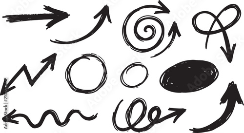 Black hand-drawn arrows, circles, and symbols on white background, spiral zigzag line