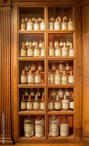 the vintage cabinet with the chemicals