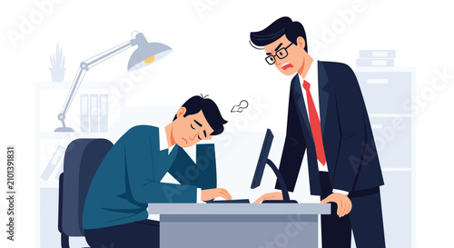 Angry manager with glasses scolding a tired male employee who is sleeping at his office desk in the daytime.