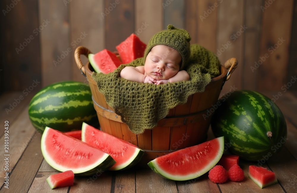Obraz premium Newborn baby slepic in wooden bucket basket inside green knitted wrap. Cute infant wears hat during fruit themed photo session. Fresh red watermelon slices, whole berries decorate rustic studio