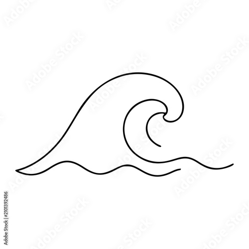 Elegant ocean wave vector icon with curling crest and flowing water lines, hand-drawn minimalist illustration perfect for nautical branding, surf culture, marine themes, and clean scalable graphic