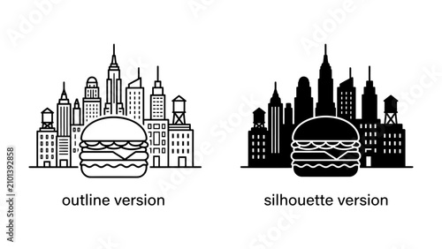Canvas Print Burger Skyline Duo: A city skyline presented in both outline and silhouette versions, featuring a prominent burger integrated into the cityscape, symbolizing urban cuisine